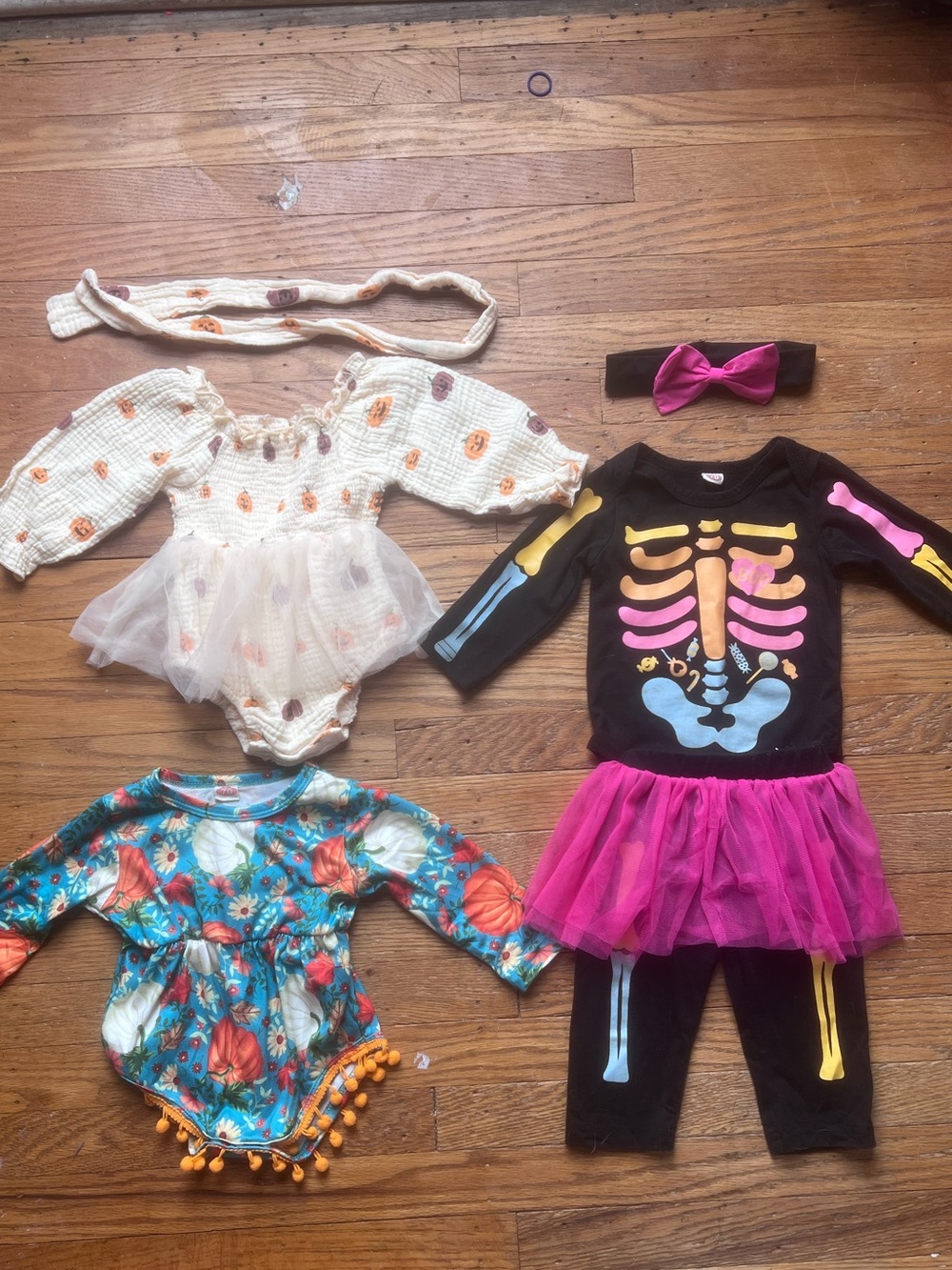 Fall Baby girl outfits and dresses bundle size 3-6 months with pumpkins and skel